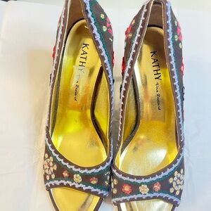 KATHY Van Zeeland Brown Embroidered Peep-Toe Heels
